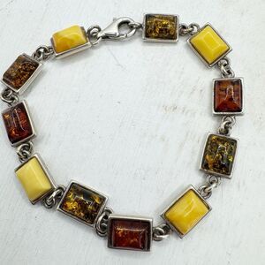 Bezel Set Amber Sterling Silver Link Bracelet Baltic Butter Cognac Honey Amber